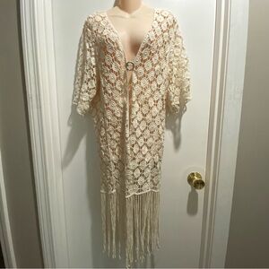 Fairy Coquette Fringe Cotton Cottage Coastal Beach Crochet DusterLong Cardigan